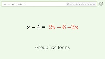 Linear equation with one unknown: Solve 3x-4=2x-6 step-by-step solution