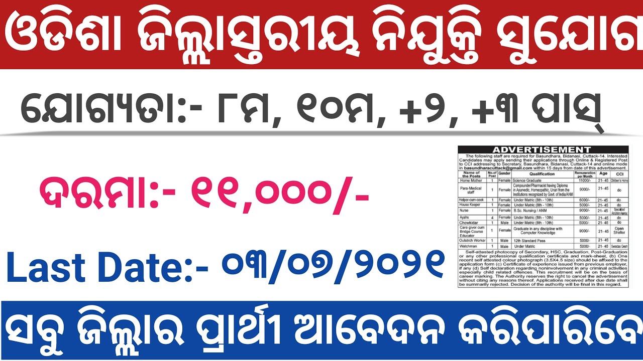 Odisha District Level Jobs Vacancy 2021 ! Odisha Govt Jobs 2021 ! Salary : 11,000 /-