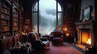 Cozy Library Ambience – Scottish Fireplace, Rainy Forest Valley & Soft Celtic Music for Relaxation screenshot 4