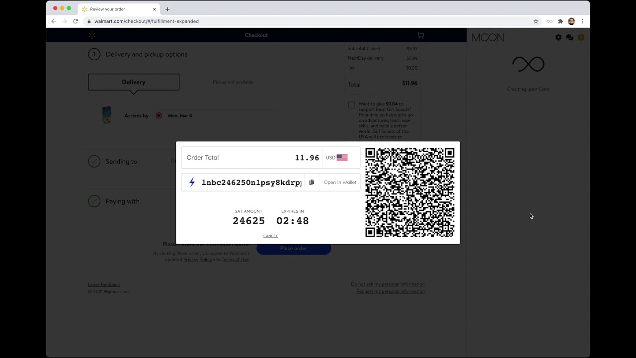 Demo: Pay with Bitcoin on Walmart.com via Lightning with Moon