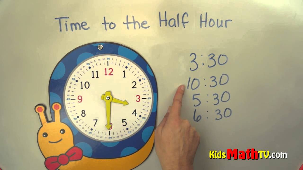 Telling time at thirty minutes past, half past, Math Video Tutorial