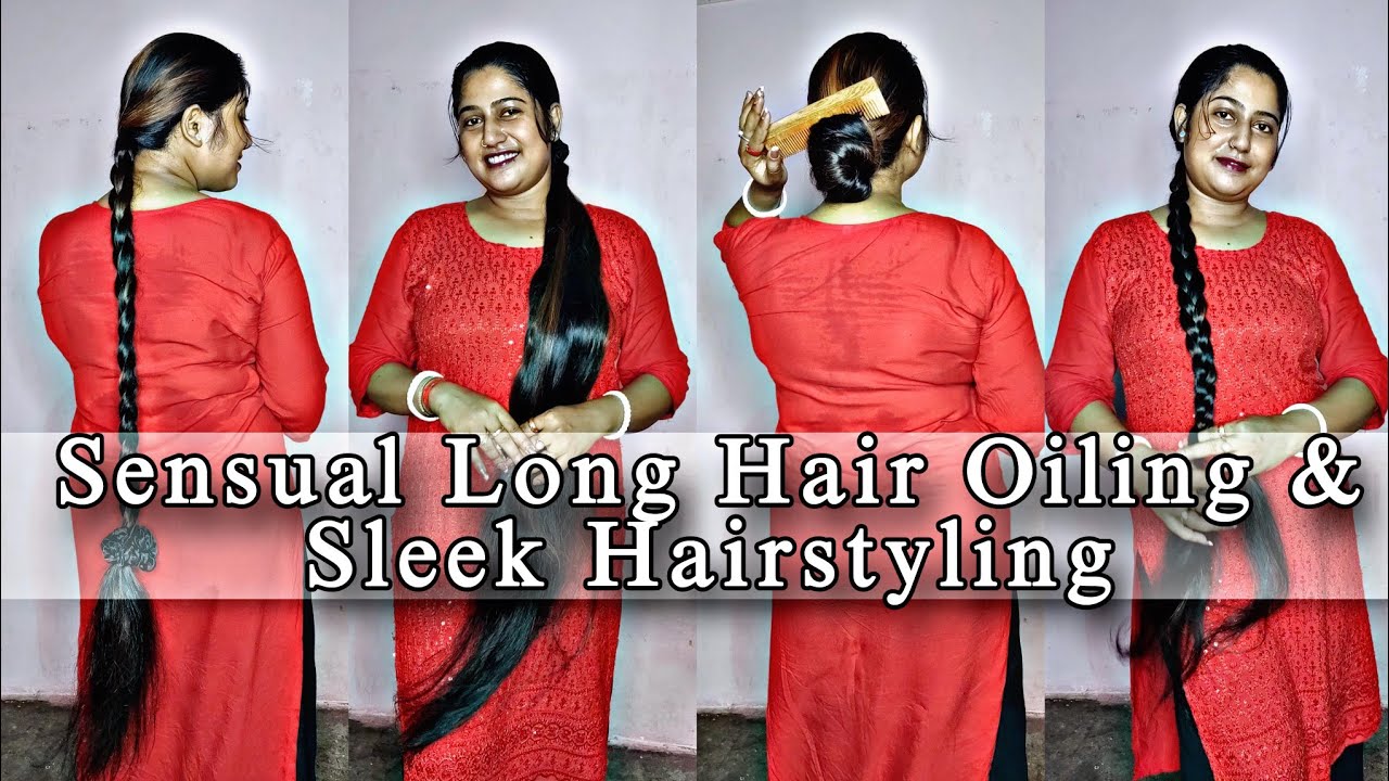 Red Kurti Seduction | Sensual Heavy Hair Oiling, Sleek com, Tight Braids, Buns & Ponytail Fantasy"