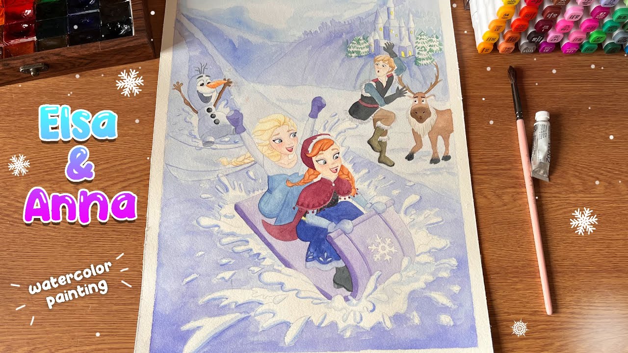 Elsa & Anna Skiing with Olaf - Frozen Watercolor | Sam Little art