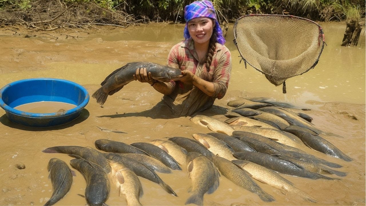 How to harvest a giant fish pond to sell at the market - grill fish for your little daughter to eat