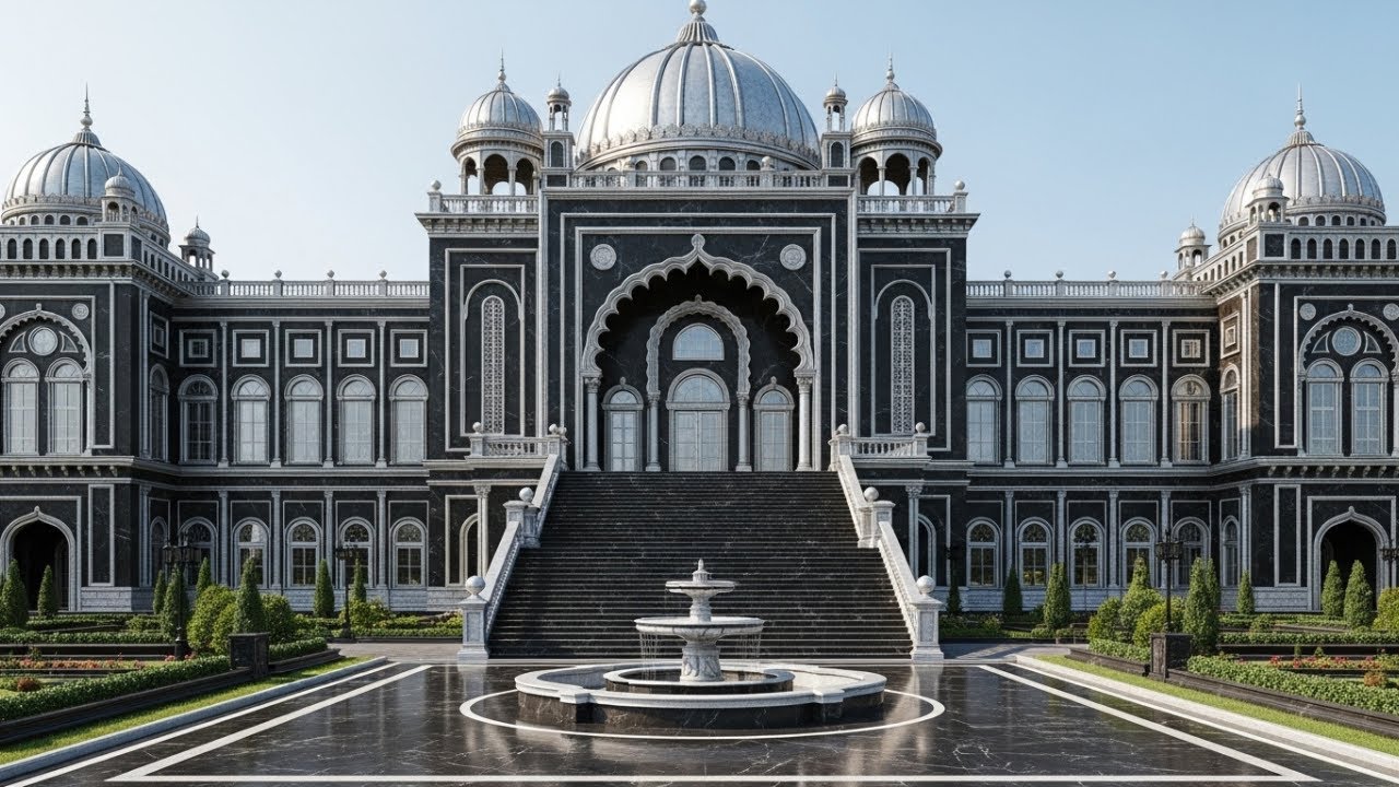 Black & Silver Palace – Full Cinematic Front View | Ultra-Realistic Fantasy Architecture