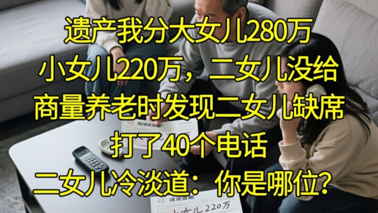 遺產我分大女兒280萬，小女兒220萬，二女兒沒給，商量養老時發現二女兒缺席，打了40個電話，二女兒冷淡道：你是哪位？#家庭情感 #情感故事 #故事 #故事分享 #人生百态
