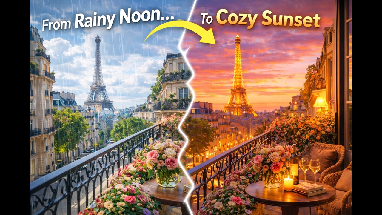 Rainy Paris Balcony ☔Cozy Jazz from Noon to Sunset | Eiffel Tower Ambience (3 Hours)