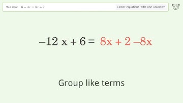 Solve 6-4x=8x+2: Linear Equation Video Solution | Tiger Algebra
