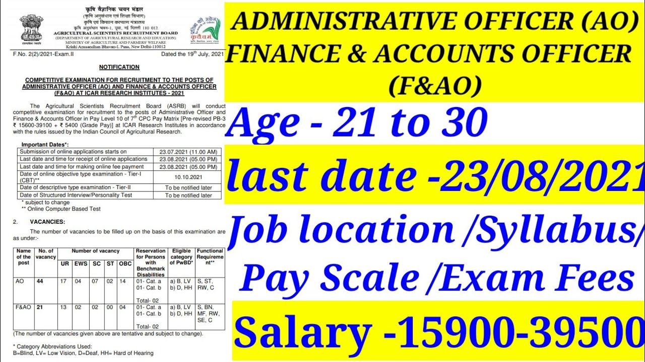 DMINISTRATIVE OFFICER (AO) AND FINANCE & ACCOUNTS OFFICER (F&AO)  pay scale - 15900-39500