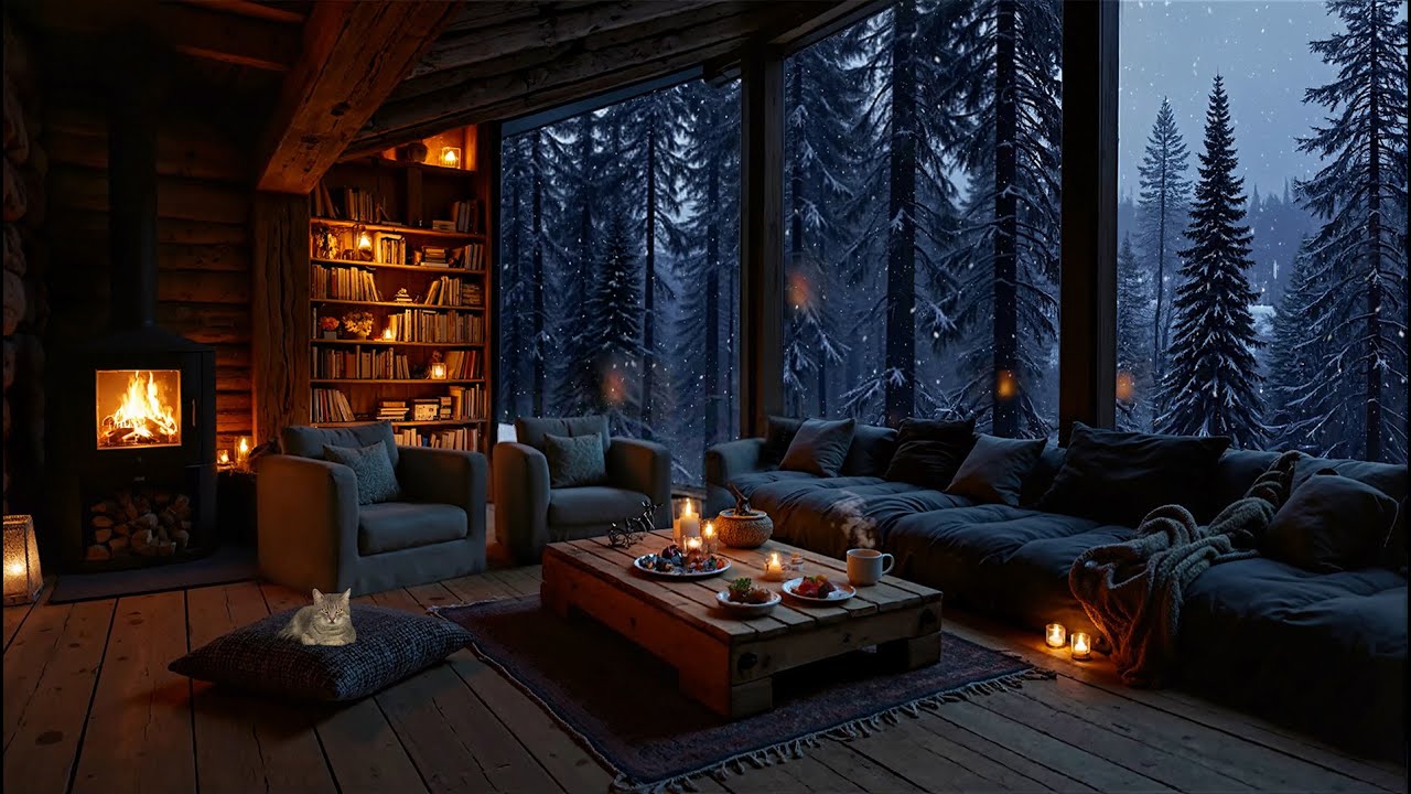 Smooth Fireplace Jazz ❄️ Cozy Winter Forest Cabin with Snowy Night View for Relaxing Evenings