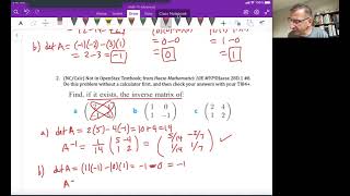 Math 10 Adv Unit 1 Video 17: Matrix Determinants and Inverses Practice Problems 1 - 4 (Section 1.6)