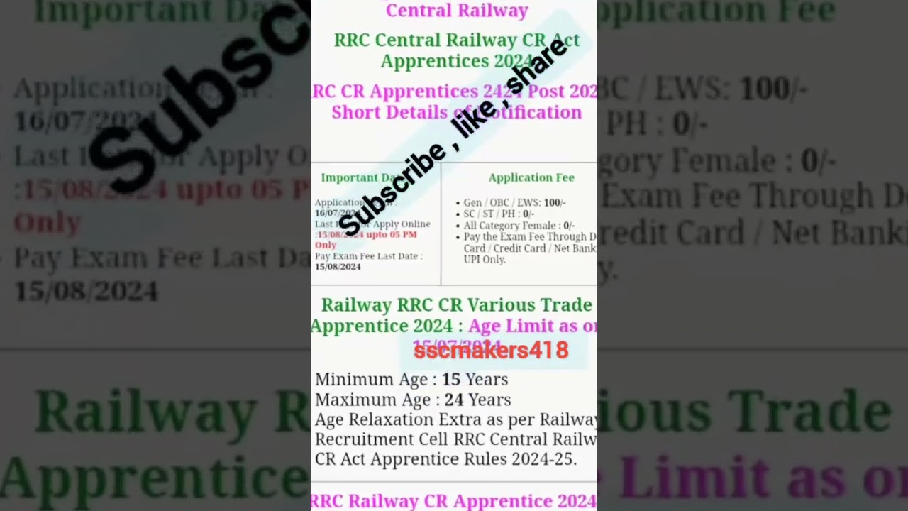 Railway Recruitment 2024 !! Railway RRC CR Apprentice 2024  !! Railway Apply 2024 update 2024 !!