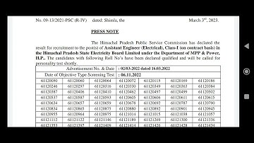 HPPSC Screnning Test Result of ASSISTANT ENGINEER(Electrical) Class-I.. Date of Personality Test?