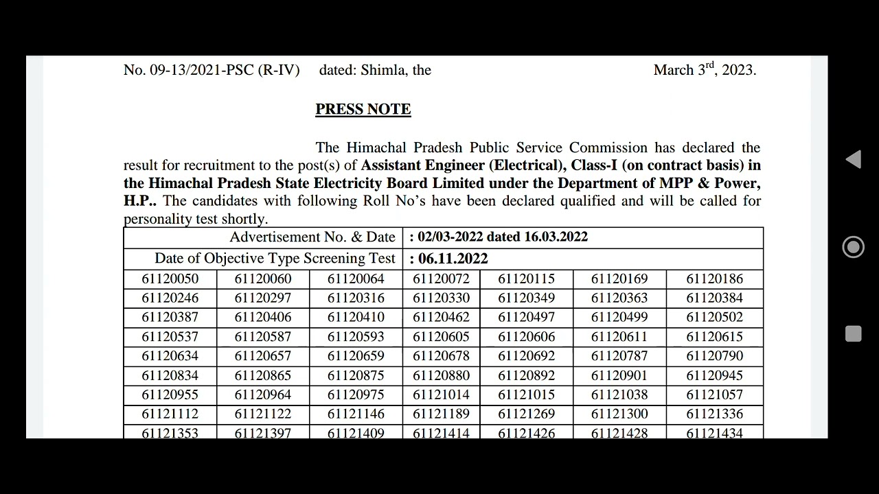 HPPSC Screnning Test Result of ASSISTANT ENGINEER(Electrical) Class-I.. Date of Personality Test?