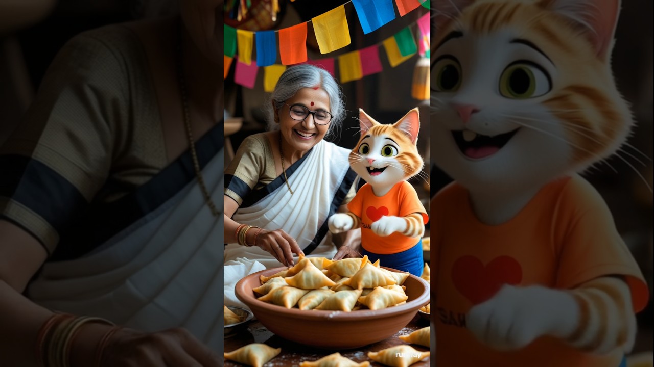 "Grandma and the Cat Making Samosas"