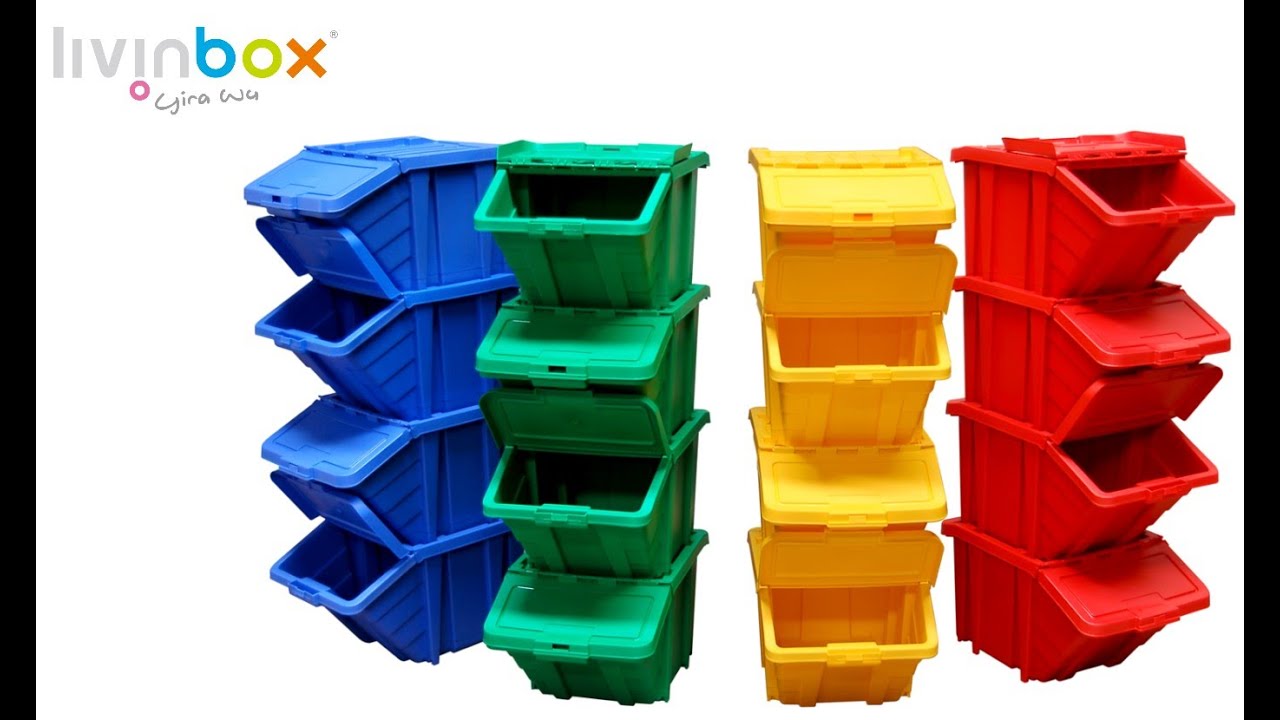 Stackable storage bin with hinged lid, 22L