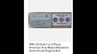 1980 US Gold 1 oz 3 Piece American Arts Medal Medallion Grant Wood Original Box