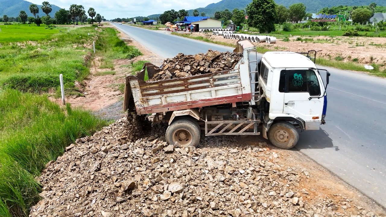 Just New Landfill Task! Great Work Of Bulldozer Push Stone Into Low Land With Dump Trucks Process