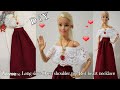 DIY How to make Long skirt, Open shoulder top and Necklace for Barbie | nynnie me