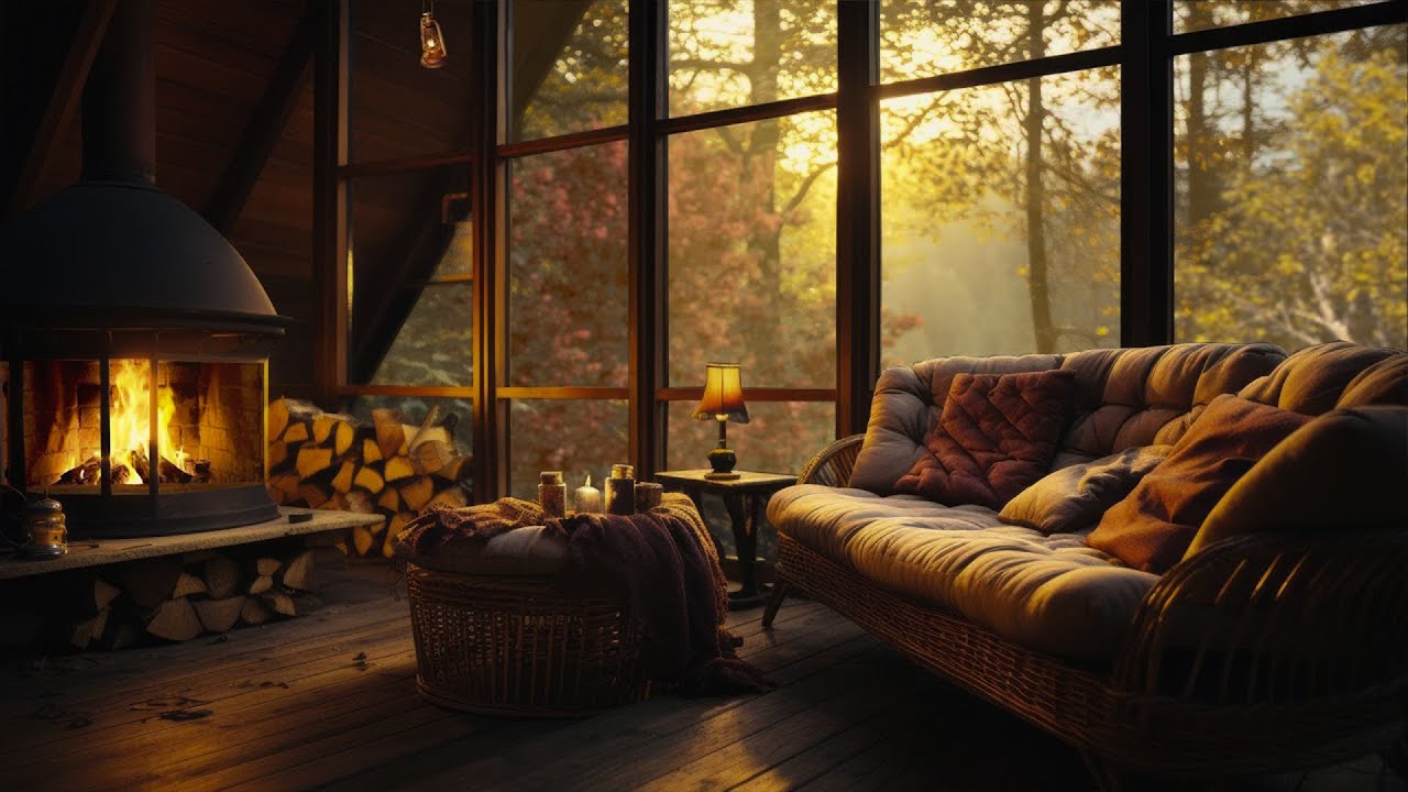 Thunderstorm with Autumn Rain Sounds, Crackling Fireplace & Sleeping Cat in Autu
