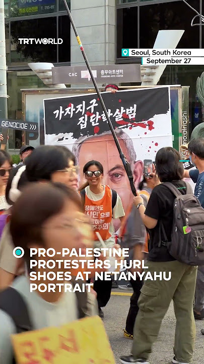 Pro-Palestine protesters hurl shoes at Netanyahu portrait in Seoul