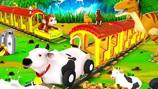 Cow Train & Monkey Train Diorama Forest Animals Adventure with Cow, Monkey, Panda, Elephant, Horse!