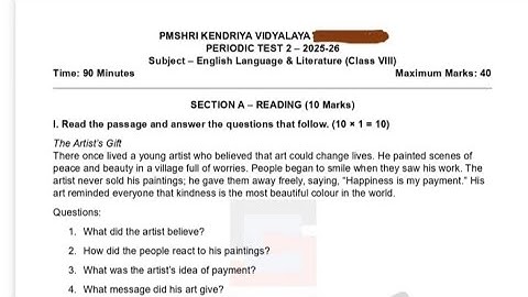 Class-8 English / PT-2 Exam Question Paper /Session 2025-26/ Periodic Test-2 for KV students