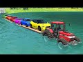 Double Flatbed Trailers Truck Potholes Speed Bumps Car Rescue - Cars vs Deep Water, BeamNG.Drive #70
