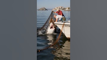 POV: Twee mannen vissen met een net op een haai midden in de oceaan #pov #ai #vissen #haai #oceaan