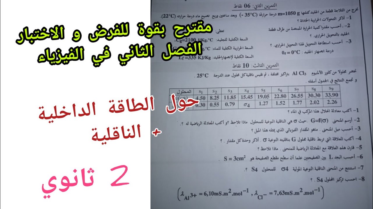 مقترح بقوة للفرض و الاختبار الفصل الثاني في الفيزياء (حول الطاقة الداخلية+ الناقلية) للسنة 2 ثانوي