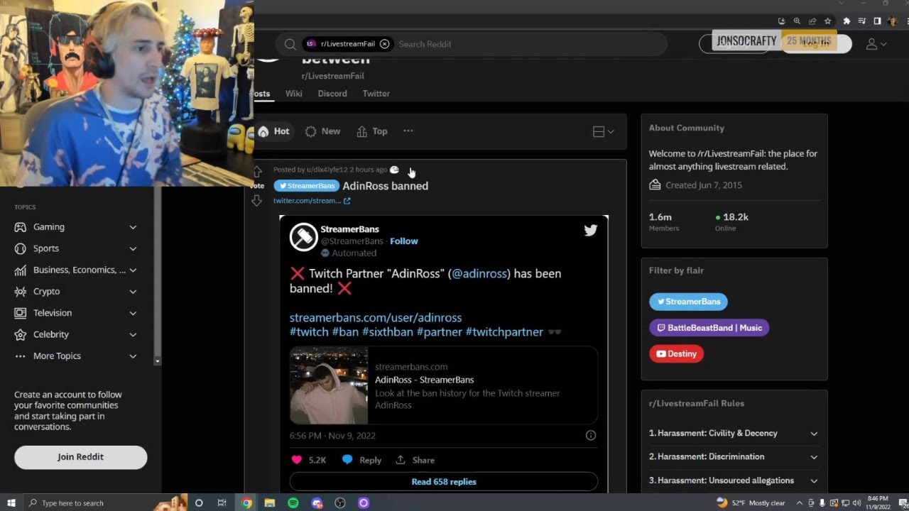 xQc reacts to Adin getting Swatted and Banned