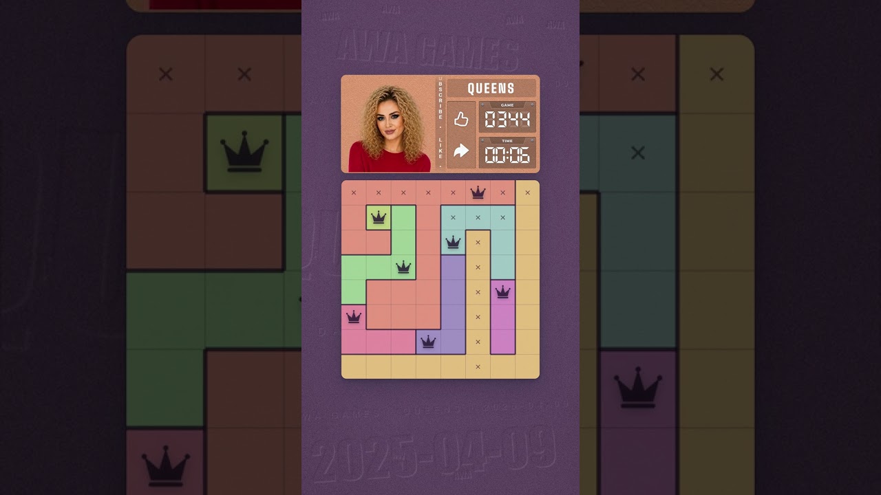 LinkedIn Queens #344 solved board for April 9, 2025, 8x8 grid