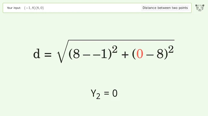 Find the distance between two points p1 (-1,8) and p2 (8,0): Step-by-Step Video Solution