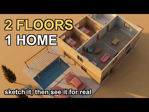 Two floor plans stacked into a two-story 3D home with a pool