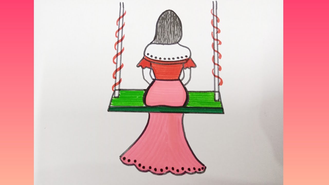 Girl sitting on a swing easy drawing|how to draw a girl on swing 