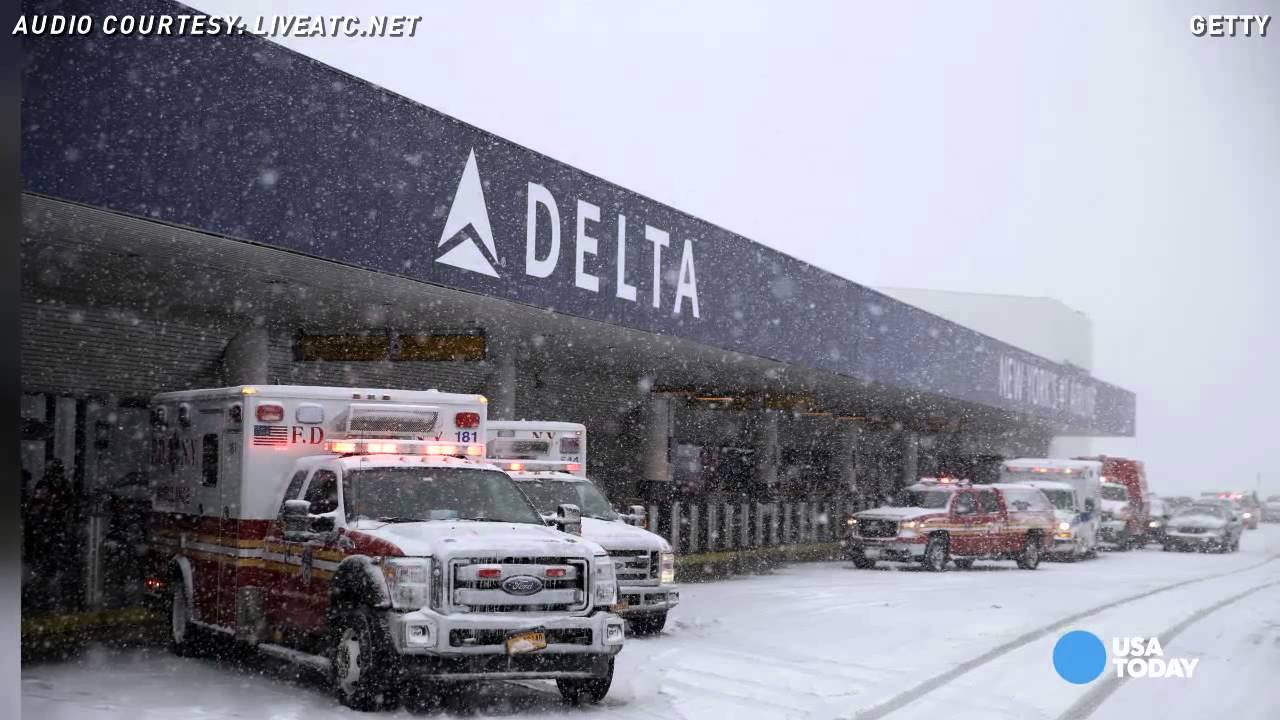 Hear control tower audio as Delta jet skids off runway