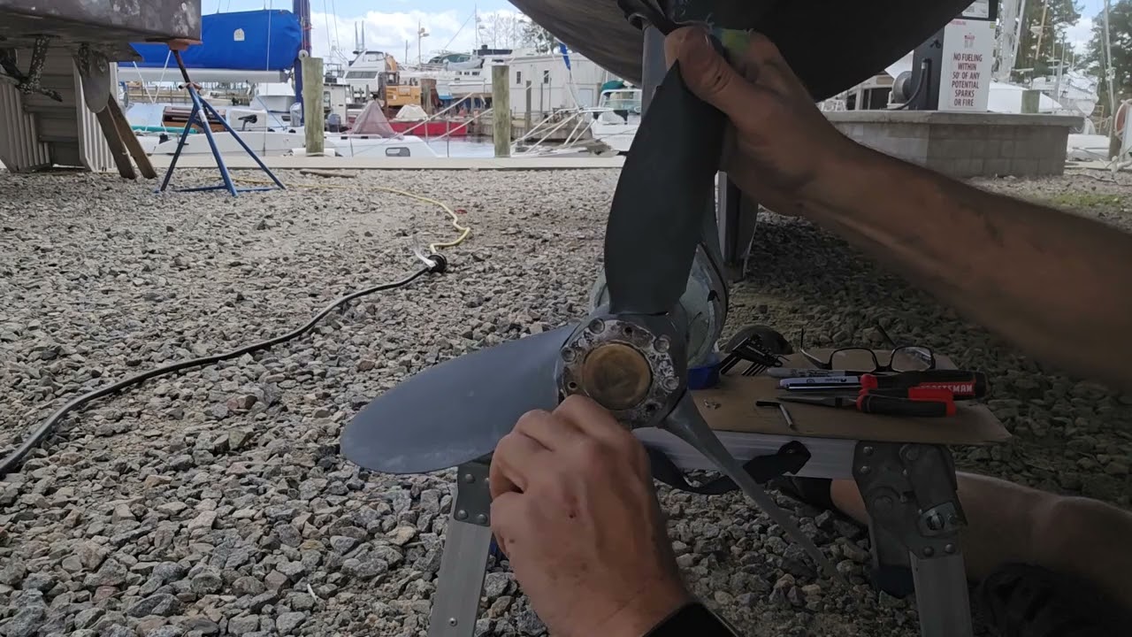 ⁣Removed the max prop blades in order to install a saildrive hull boot - GalaxSea