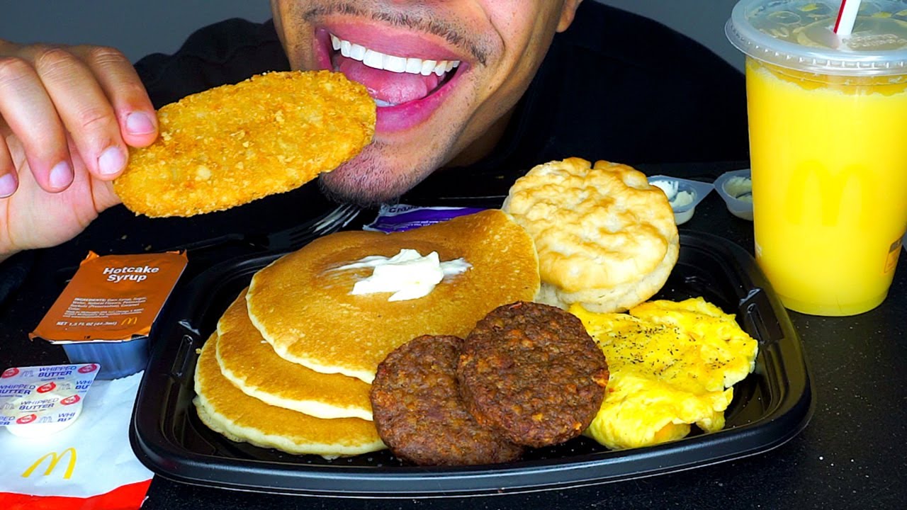 MCDONALD'S BIG BREAKFAST HASH BROWNS EGGS BISCUIT PANCAKES JELLY OJ