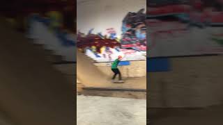 Skateboarder rides down ramps and lands on a sensitive area