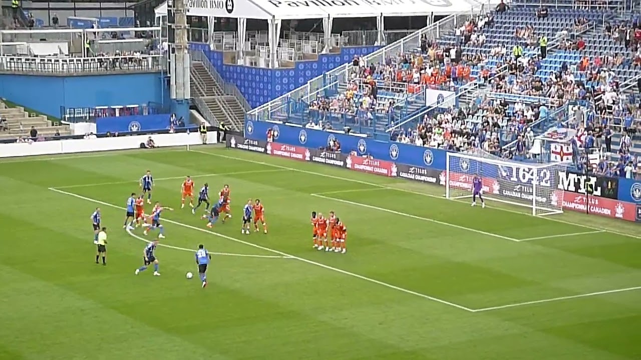 Dante Sealy of CF Montreal (Impact) hits the post on a free kick vs. Forge FC 7/9/25