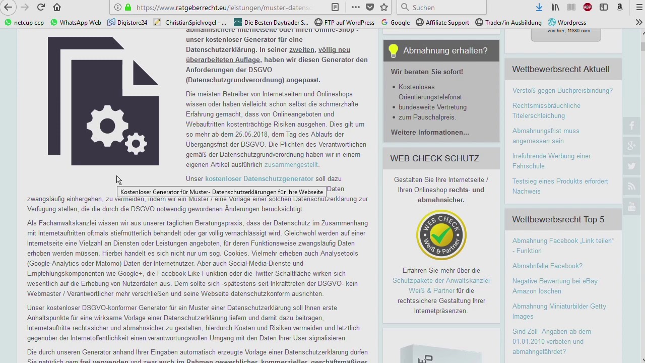 Update WordPress Kurs 019 Datenschutz PlugIn und Vorlage