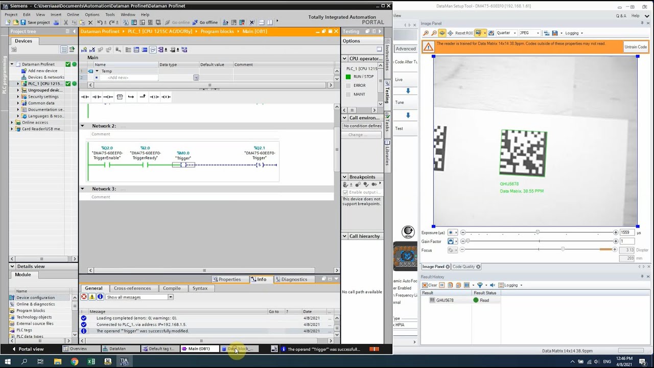 Comunication with Dataman SetupTool and PLC Siemens S7-1200 (PROFILENET ...