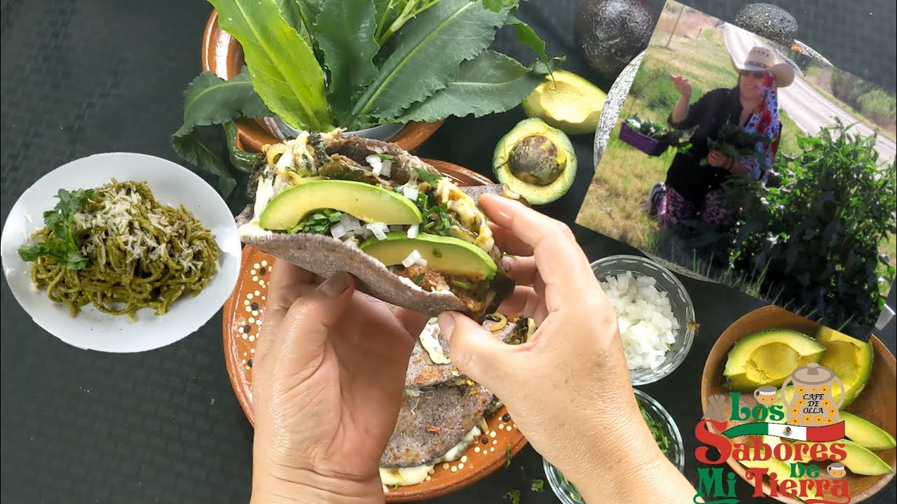 Quesadillas y espagueti con quelites y lengua de vaca Quesadillas with quelites and beef