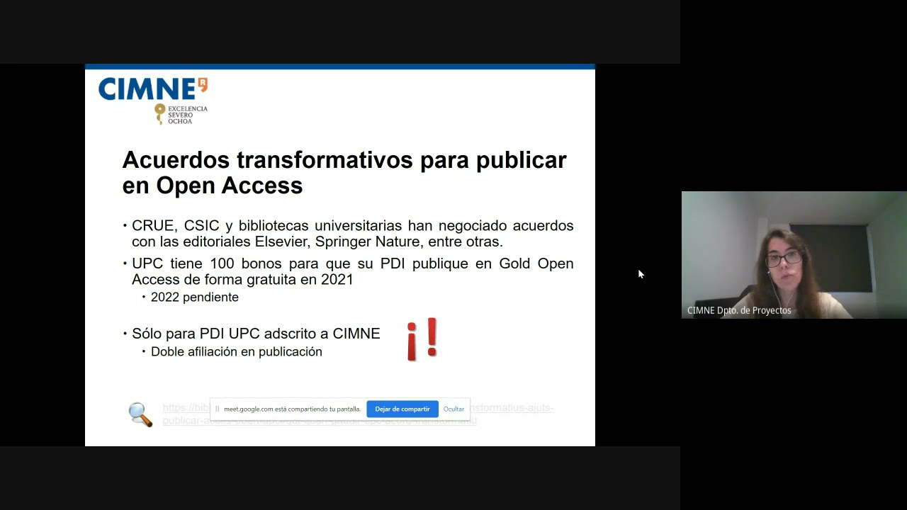 [10/11/2021] Severo Ochoa Coffee Talk by CIMNE´s Preaward Unit, "Open access publication..."