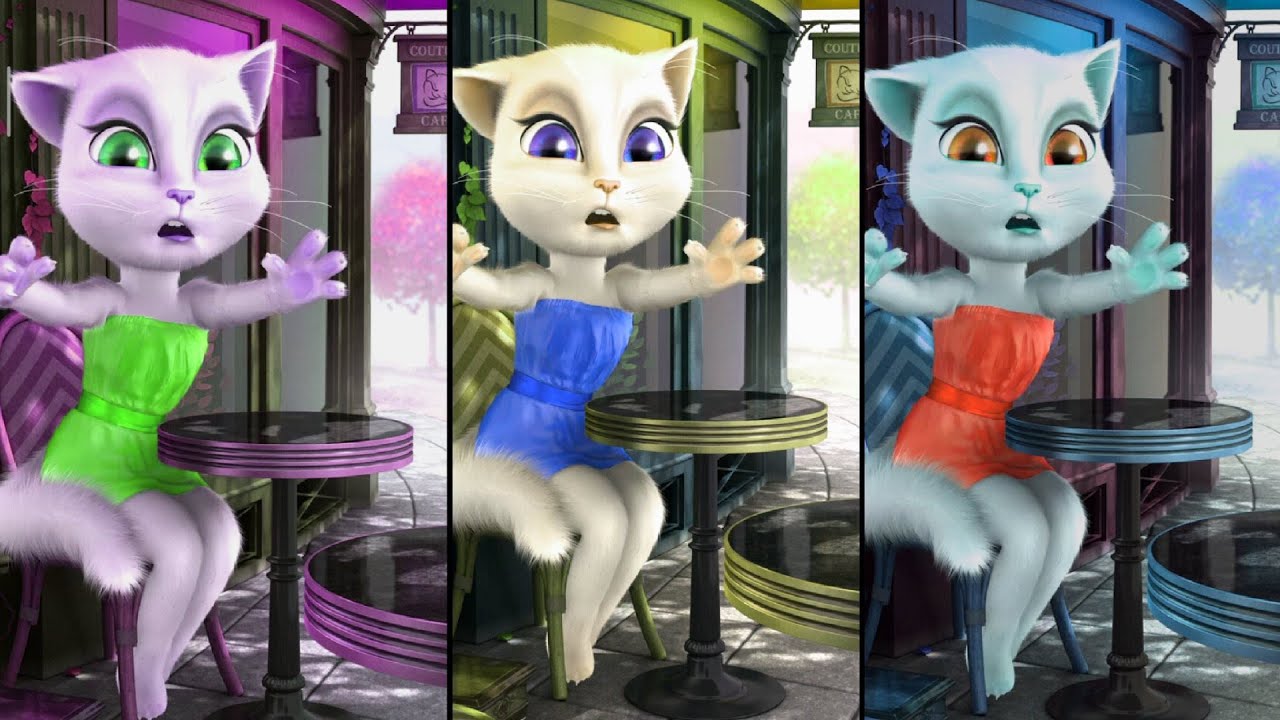 so funny talking female cat in three color of dress and eyes
