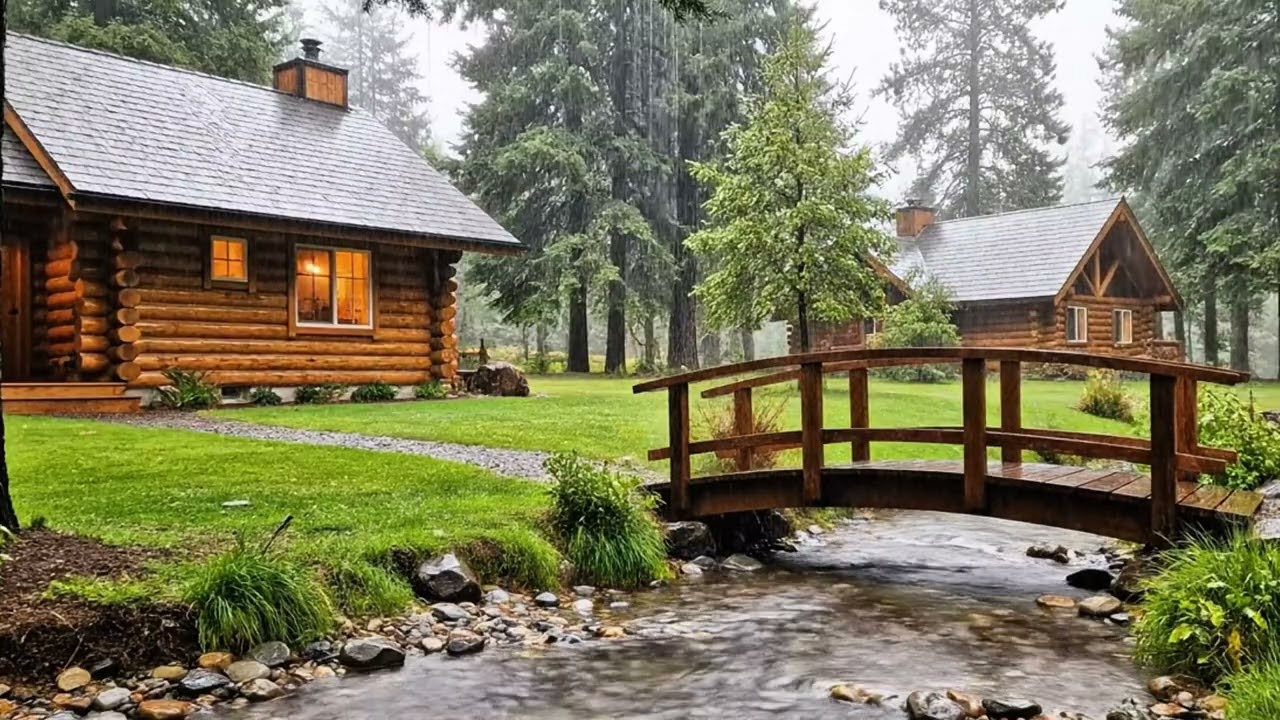Cozy Rainy Forest Cabins with Wooden Bridge Ambience for Deep Sleep and Relaxation