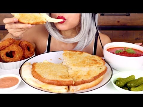 ASMR Eating Giant Grilled Cheese ft. Onion Rings, Pickles | Extra Cheesy
