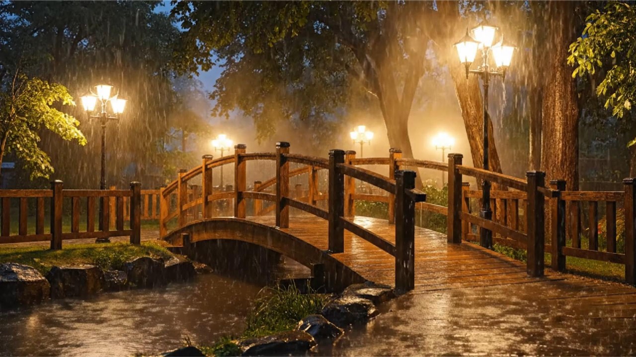 Peaceful Rainy Night Park Walk with Wooden Bridge 🌧️ Relaxing Sleep Ambience 4K  Calm Path Rain