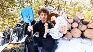 $15 Hot Tent Winter Camping Challenge - Hunting, Snaring, Eating Wild Game