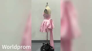 Elegant Pink Satin Strapless Mini Dress | Bow Back Homecoming Party Gown